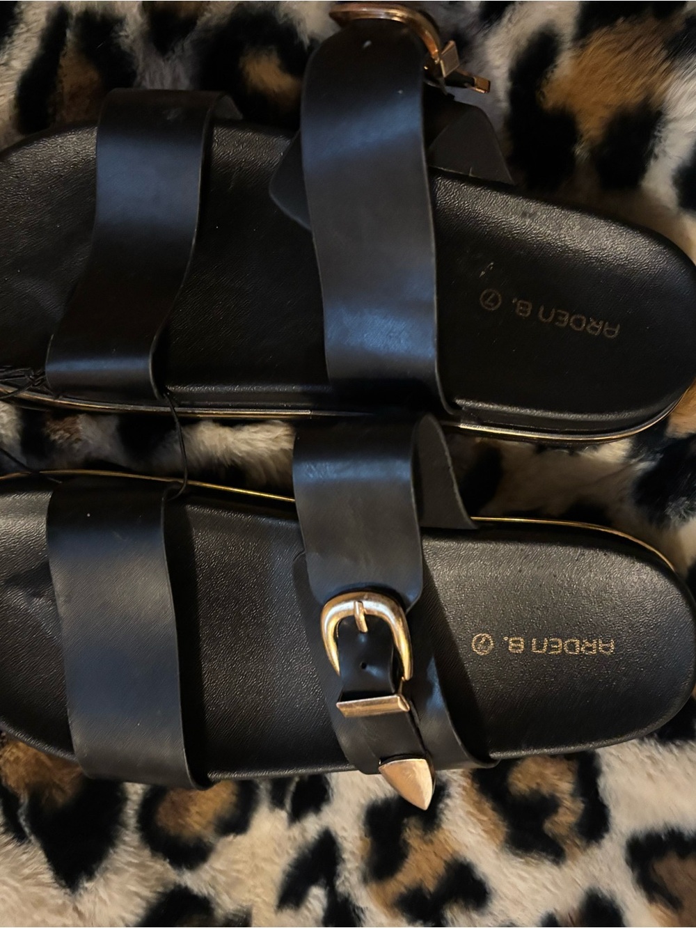 Arden B Black Leather Slide Sandals with Gold Buckle